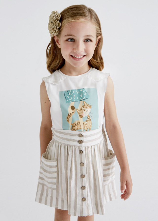 Canotta MAYORAL per bambina senza manica color panna con stampa centrale verde salvia con gatto