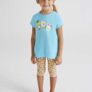 Completo MAYORAL  in cotone color azzurro con pinocchio fantasia frutta