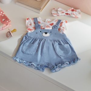 Completo MAYORAL per neonata con finta salopette in jeans e tema cuori