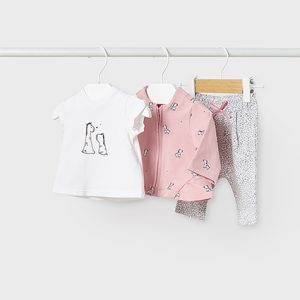 Set tre pezzi MAYORAL per neonata in cotone color rosa e grigio, tema giraffa