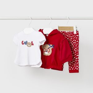 Set tre pezzi MAYORAL per neonata in cotone color bianco e rosso con orsetta