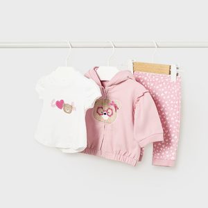 Set tre pezzi MAYORAL per neonata in cotone color bianco e rosa con orsetta