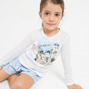 T-shirt in cotone primaverile MAYORAL per bambina in manica lunga – color bianco e azzurro