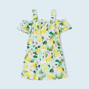 Tuta corta in cotone MAYORAL per bambina color verde acqua con stampa limoni gialli