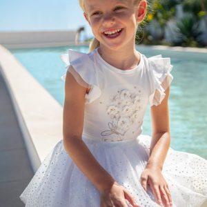 Completo MAYORAL per bambina con t-shirt e gonna tulle – color panna e oro