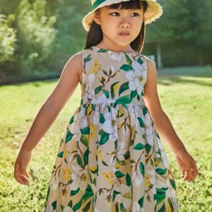 Abito  vestito in cotone MAYORAL per bambina color ecrù con fantasia floreale verde e gialla