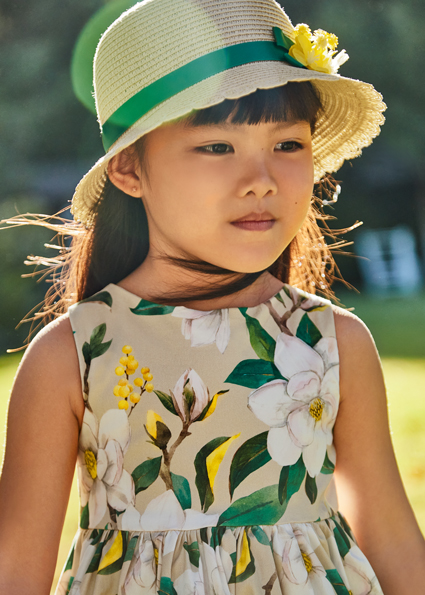 Abito vestito in cotone MAYORAL per bambina color ecrù con fantasia floreale verde e gialla - immagine 3