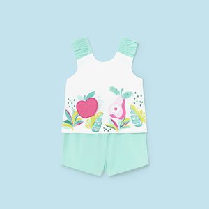 Completo MAYORAL per bambina con canotta bianca con stampa frutta centrale e pantaloncino tiffany