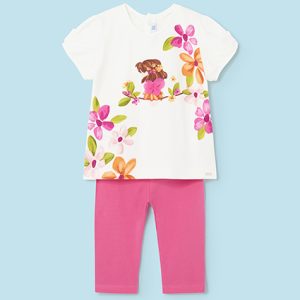 Completo MAYORAL per bambina con t-shirt bianca a fiori con pinocchio fuxia