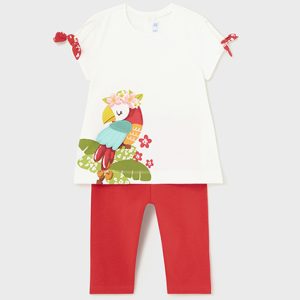 Completo MAYORAL per bambina con t-shirt bianca con pappagallo e pinocchio rosso