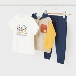 Completo tuta MAYORAL in cotone primaverile color beige e blu – tema scimmietta