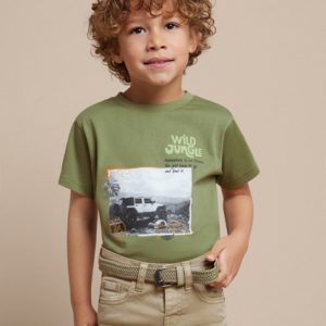 T-shirt MAYORAL in cotone  color verde militare con stampa jeep linea giungla
