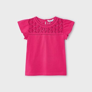 T-shirt MAYORAL in cotone  color fuxia con maniche ad aletta e inserto in pizzo