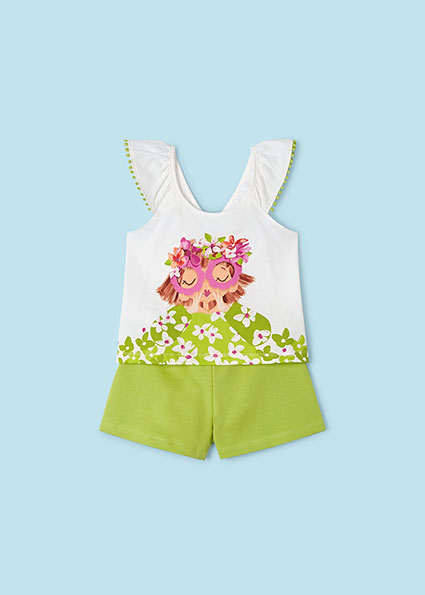 Completo MAYORAL per bambina con canotta bianca con stampa centrale e pantaloncino verde - immagine 3