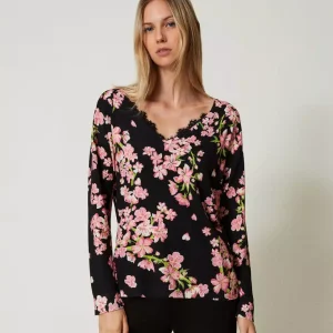 Maglia con stampa a fiori e pizzo TWINSET