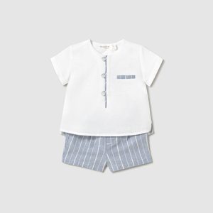 Completo MAYORAL cerimonia in cotone e lino con camicia e pantaloncino color riviera a righe bianche