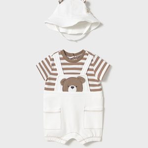 Completo MAYORAL in cotone con salopette bianca e cioccolato + cappellino abbinato