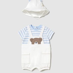 Completo MAYORAL in cotone con salopette bianca e azzurra + cappellino abbinato