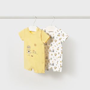 Set tutine corte estive MAYORAL color giallo e bianco con stampa animaletti e ricamo