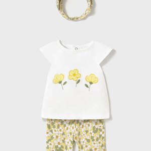 Completo estivo MAYORAL per neonata con maximaglia e legging giallo margherite + fascetta