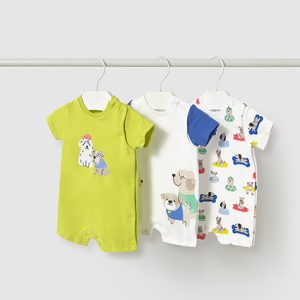 Set 3 tutine corte estive modello pagliaccetto MAYORAL color verde acido e bianco con animaletti