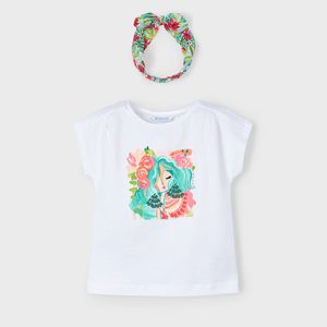 T-shirt MAYORAL per bambina color bianco con stampa centrale floreale e fascetta capelli abbinata