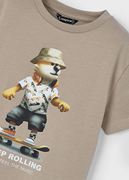 T-shirt MAYORAL in cotone, manica corta, girocollo, color deserto con stampa tigre su skateboard - immagine 5