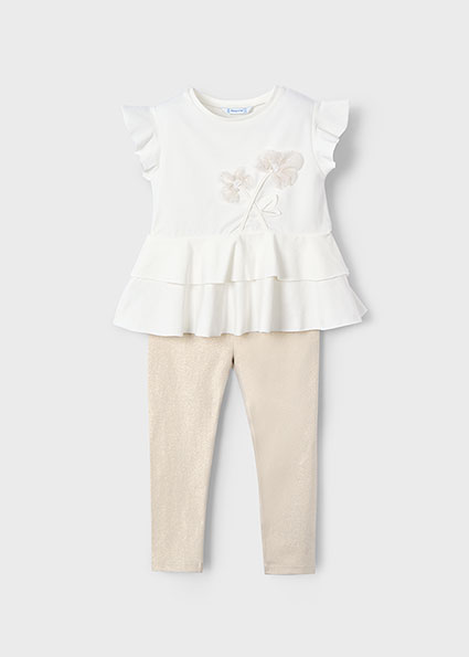 Completo MAYORAL per bambina con legging lungo dorato e t-shirt con volants e glitter - immagine 3