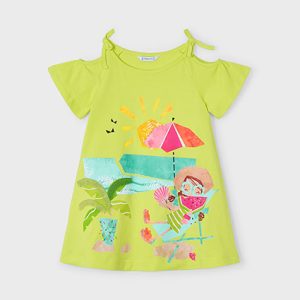 Abitino prendisole MAYORAL per bambina color verde acido con stampa bimbetta in spiaggia