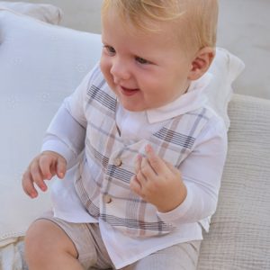 Completo MAYORAL cerimonia in cotone e lino con camicia-gilet scozzese e pantaloncino color beige