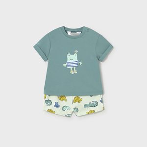 Completo MAYORAL per neonato in cotone con t-shirt verde con animaletto e pantaloncino abbinato
