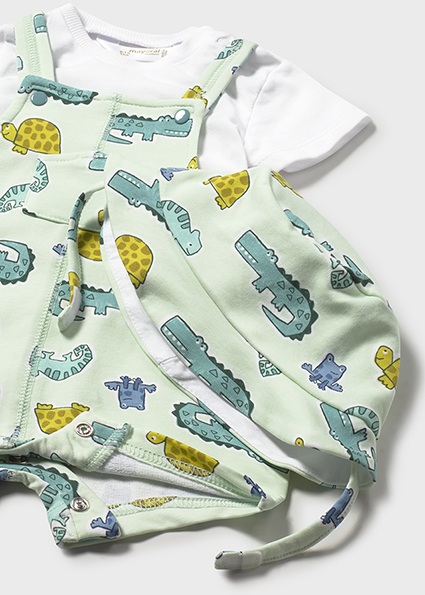 Completo MAYORAL per neonato in cotone con salopette verde acqua con dinosauri e cappellino - immagine 4