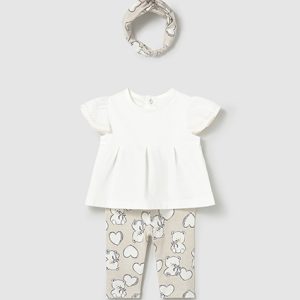 Completo MAYORAL per neonata in cotone con  t-shirt panna e legging con orsetti + fascetta