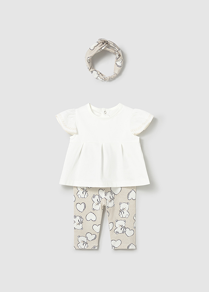 Completo MAYORAL per neonata in cotone con t-shirt panna e legging con orsetti + fascetta