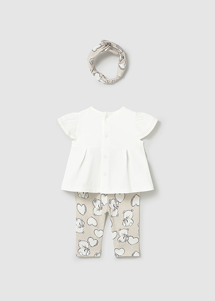 Completo MAYORAL per neonata in cotone con t-shirt panna e legging con orsetti + fascetta - immagine 3