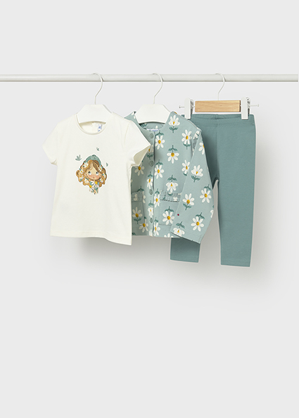 Completo 3 pezzi MAYORAL primaverile con giacchina verde con margherite, t-shirt e legging verde - immagine 3