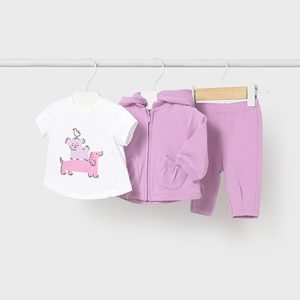 Completo 3 pezzi MAYORAL primaverile con giacchina lilla con orecchiette, t-shirt e pantalone lilla