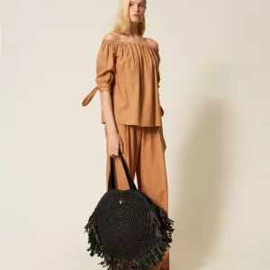 Borsa shopper tonda in rafia con frange TWINSET