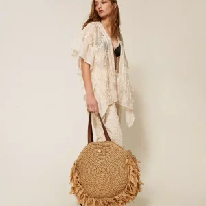 Borsa shopper tonda in rafia con frange TWINSET