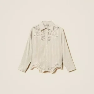 Camicia in misto lino jacquard con pizzo Twinset