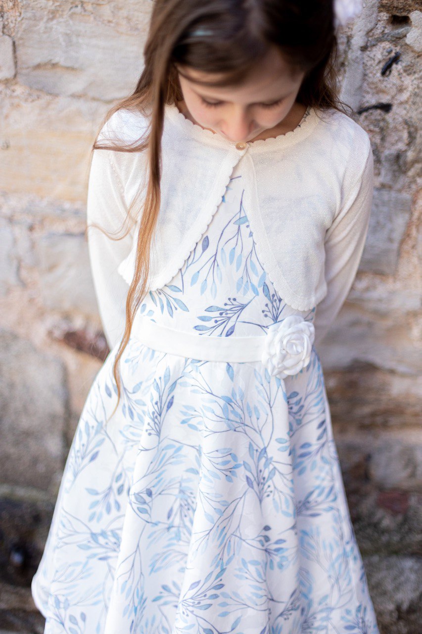 Abito cerimonia HAPPY GIRL per ragazza in chiffon color bianco in fantasia azzurra fiori - immagine 4