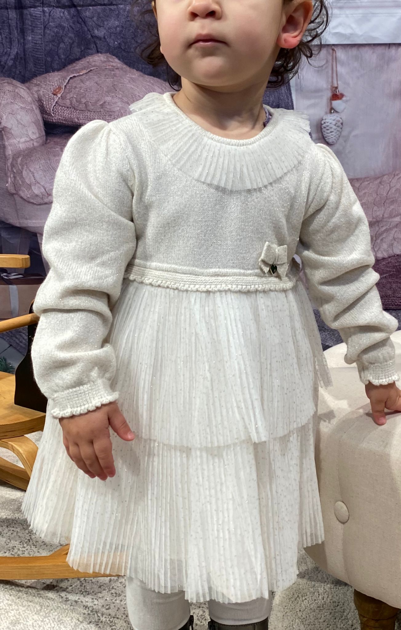 Abito MAYORAL Natale cerimonia per bambina color beige dorato trama lurex e doppio tulle plissettato - immagine 3