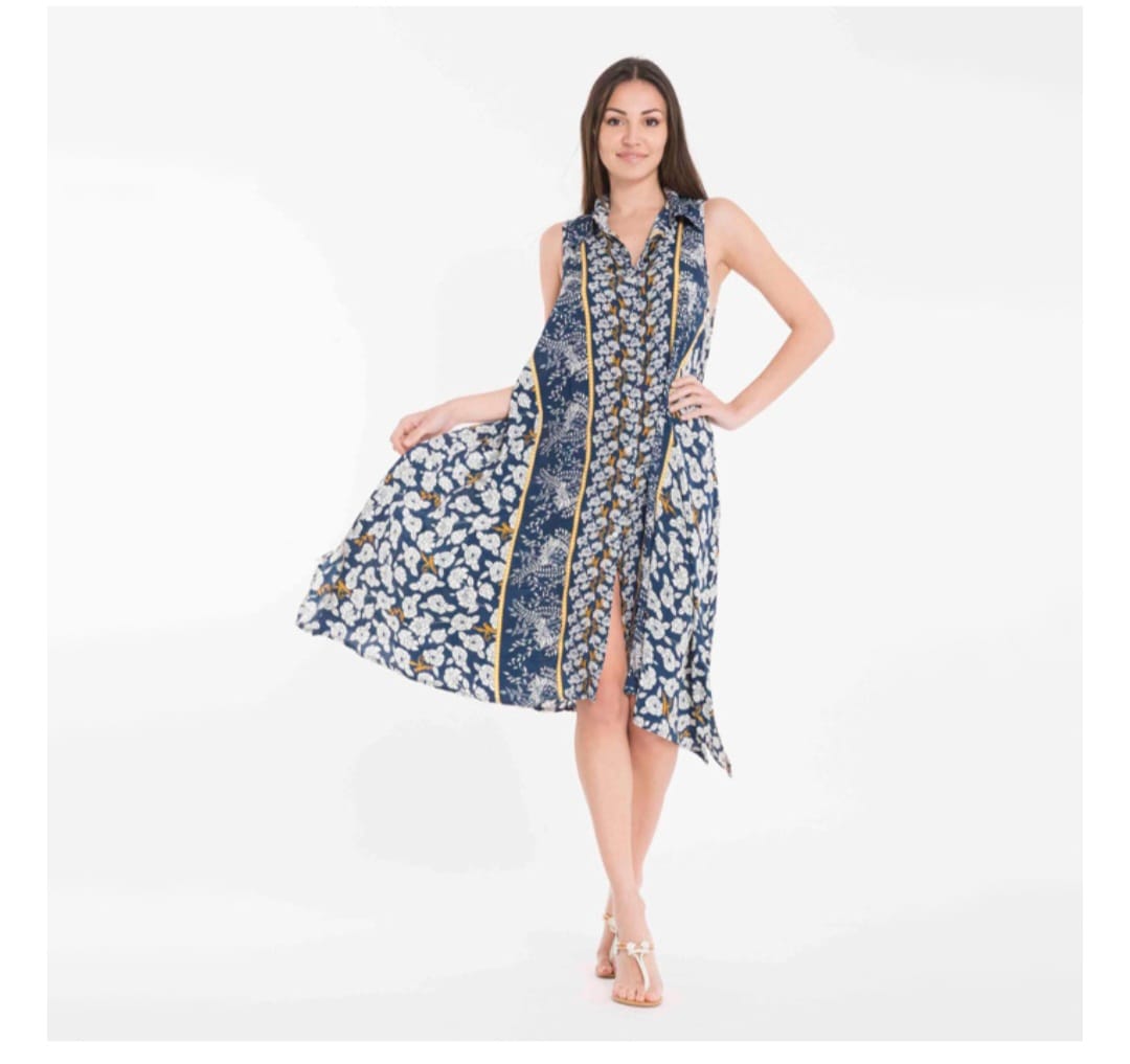 Abito donna DAVID, modello tutto aperto sul davanti, fantasia blu floreale con dettagli gialli - immagine 4