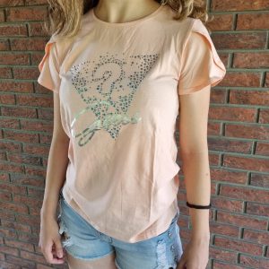 T-shirt GUESS primaverile in cotone, color rosa pesca con dettagli in strass