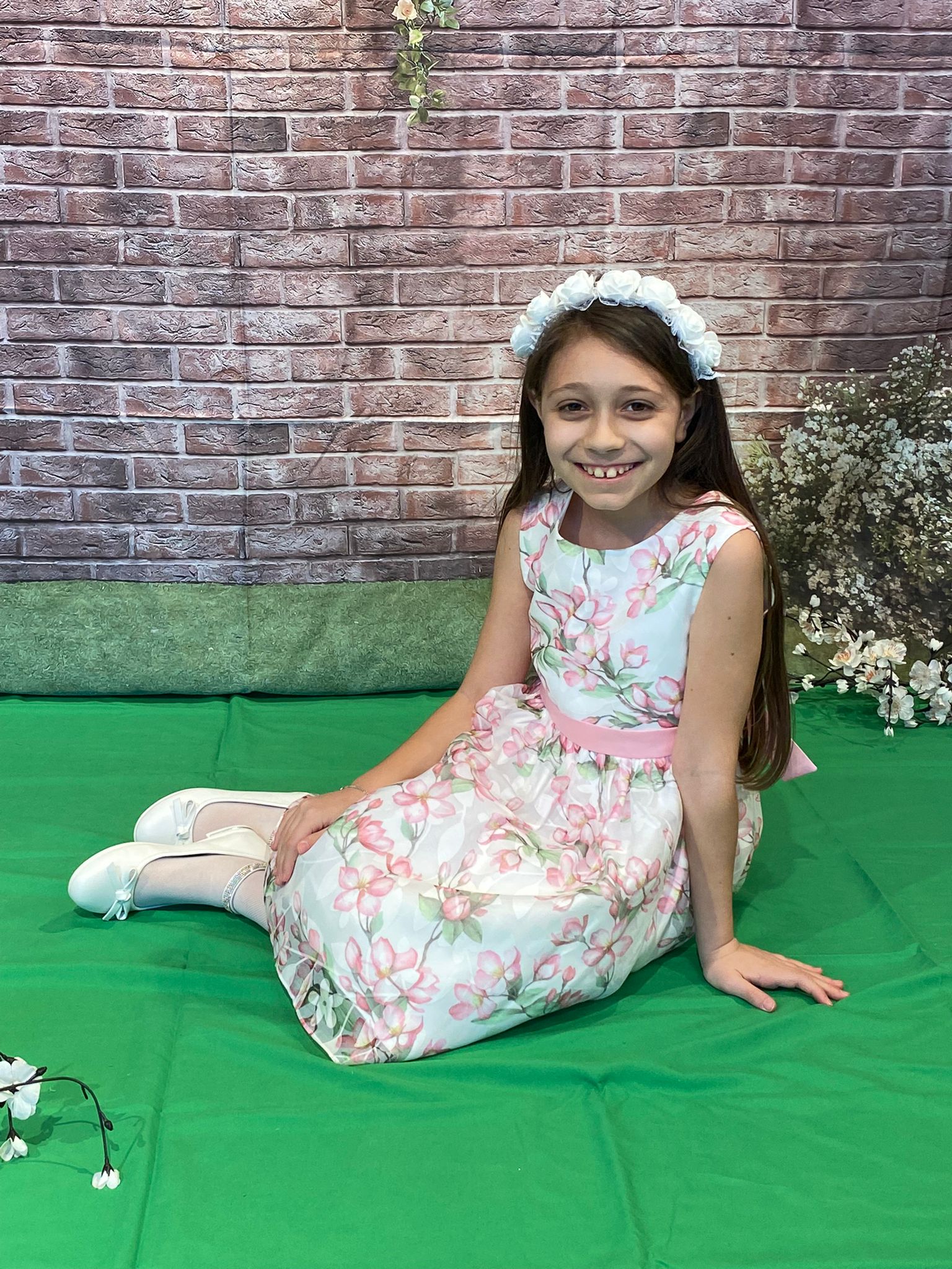 Abito cerimonia HAPPY GIRL per ragazza in chiffon color bianco in fantasia floreale fuxia - immagine 3