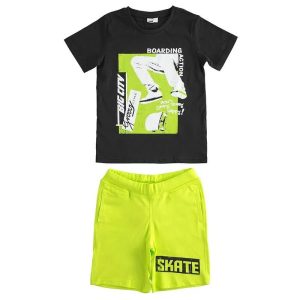 Completo estivo IDO per ragazzo con maglietta nera e pantalone verde lime