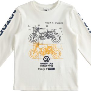 T-shirt IDO invernale per ragazzo in caldo cotone color bianco con stampa moto