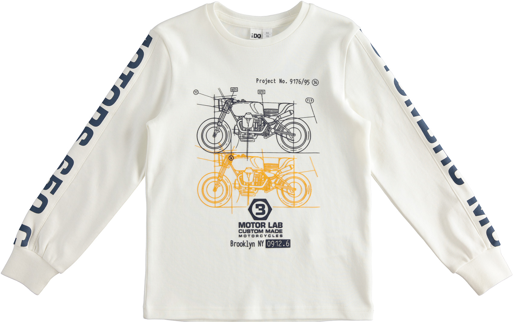 T-shirt IDO invernale per ragazzo in caldo cotone color bianco con stampa moto