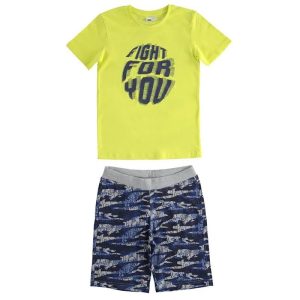 Completo estivo IDO per ragazzo con maglietta verde lime e pantalone multicolor