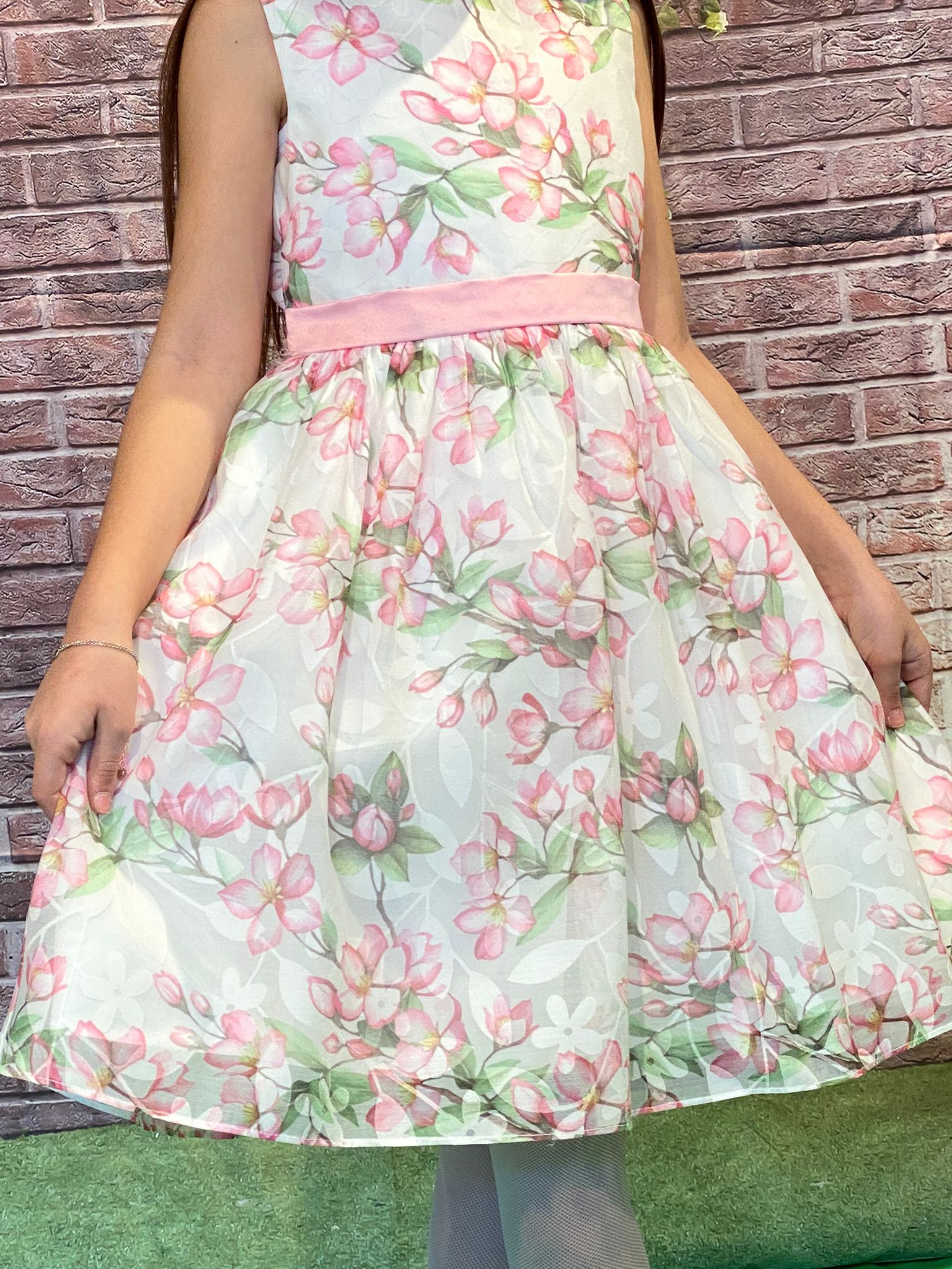 Abito cerimonia HAPPY GIRL per ragazza in chiffon color bianco in fantasia floreale fuxia - immagine 4